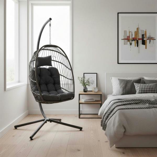 Samuel Alexander Grey Rattan Hanging Egg Chair with Stand & Cushions for Indoor Use