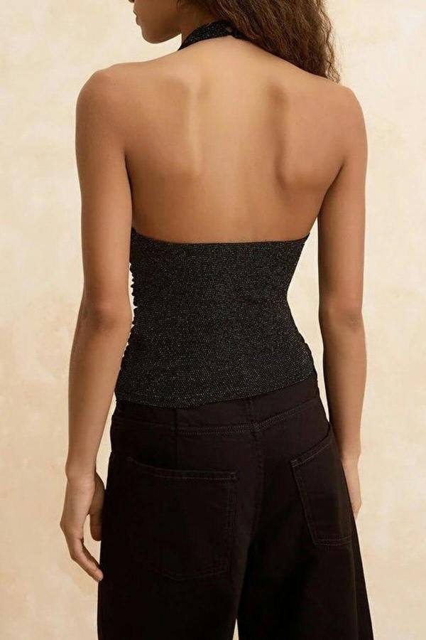 WOVCOR V-Neck Sleeveless Knitted Glittery Party Blouse