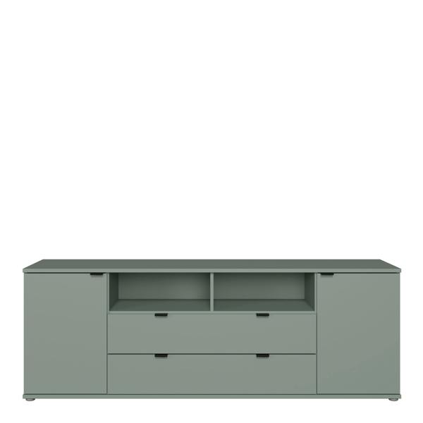 Furniture To Go Ganymede Wide TV Unit with Open Shelving, 2 Drawers & 2 Doors in Sage Green