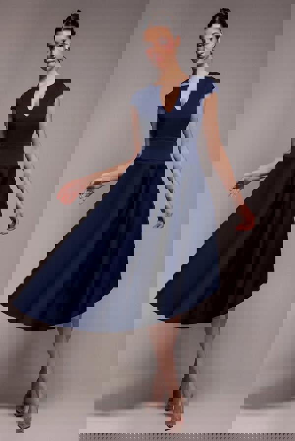 Cap Sleeve Skater High Low Midi Dress - Navy Blue DR5100