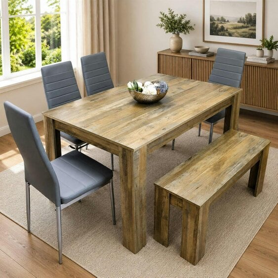 Kosy Koala Modern Rustic Dining Table Set ? Wooden Table with 4 Grey Chairs and Bench - Dining Furniture Set