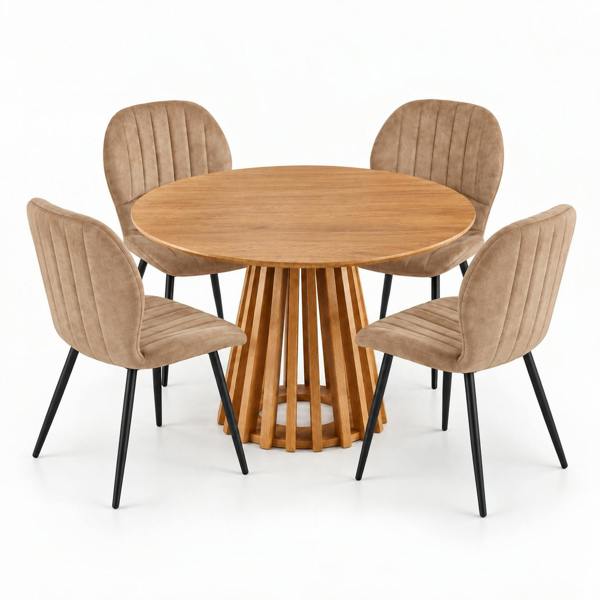 Outdoor Living Kayci Round Oak Dining Table with 4 Jaydn Chairs