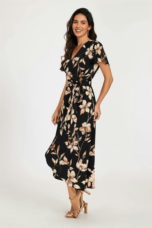 FS Collection Black & Brown Floral Print Wrap Maxi Dress