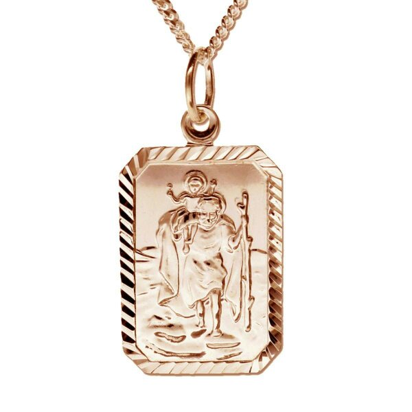 Christopher James of London 9ct Rose Gold Plated Diamond Cut Large Rectangle St Christopher Pendant With Optional Engraving and Chain