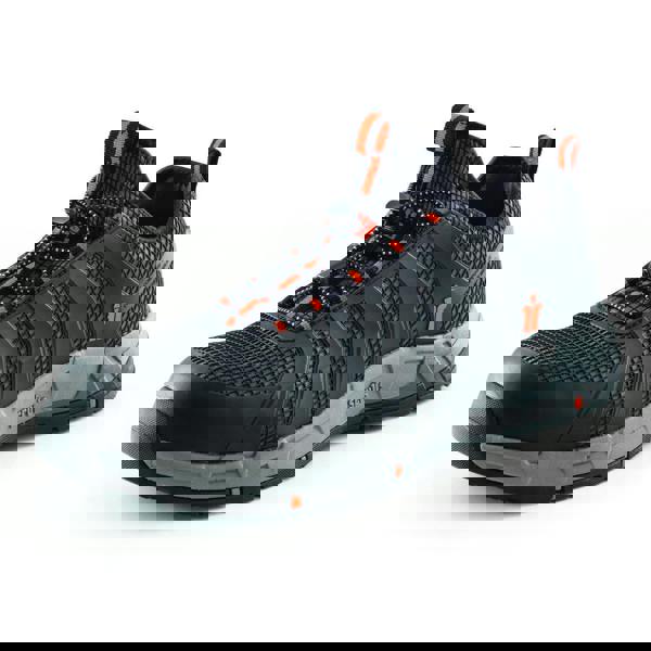 Scruffs Argon Mens Safety Bungee Lace Lightweight Composite Trainers, black and gray shoe with orange accents, breathable mesh upper, and secure bungee lace system.