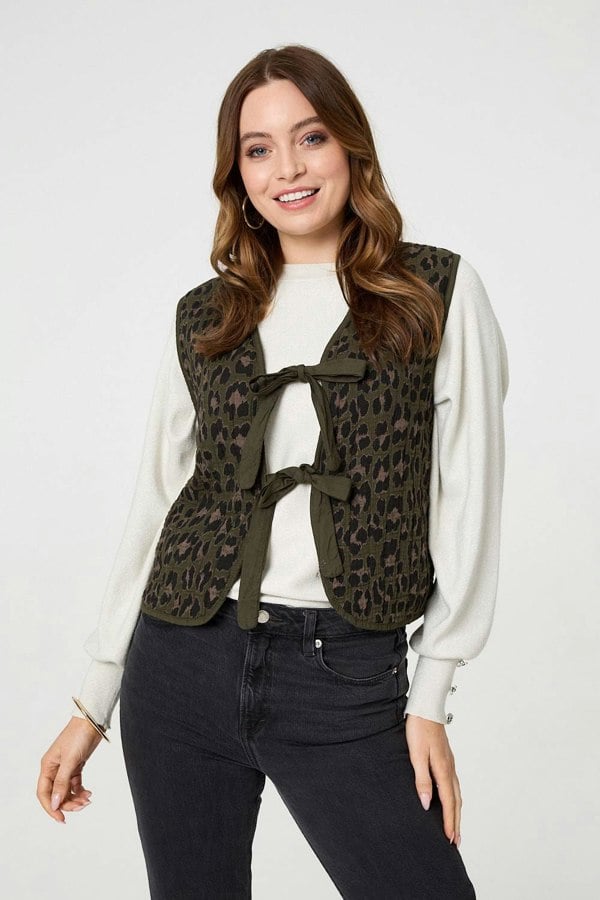 Khaki | Animal Print Sleeveless Tie front Vest
