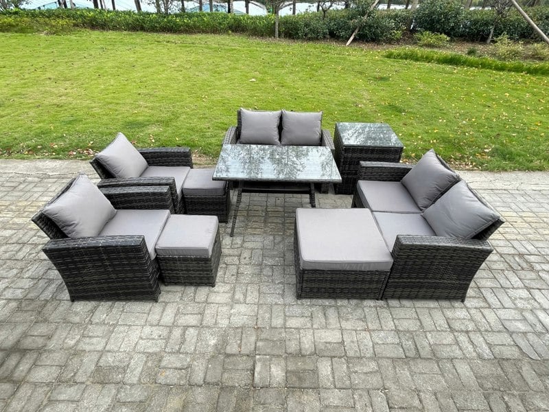 Fimous 9-Piece Rattan Garden Furniture Set - Dark Grey Mixed Wicker Patio Sofa with 3 Footstools & Side Table