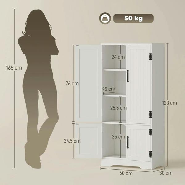 White floor cabinet with adjustable shelf compartments, two doors, black handles