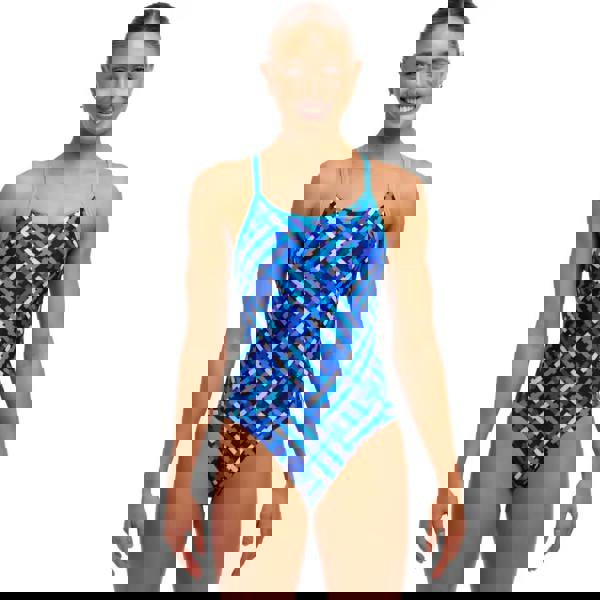 Funkita Under Over blue white patterned swimsuit, chlorine resistant, medium leg