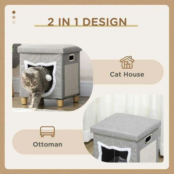 Grey cat house cube bed with soft top cushion and cat tunnel opening on the side