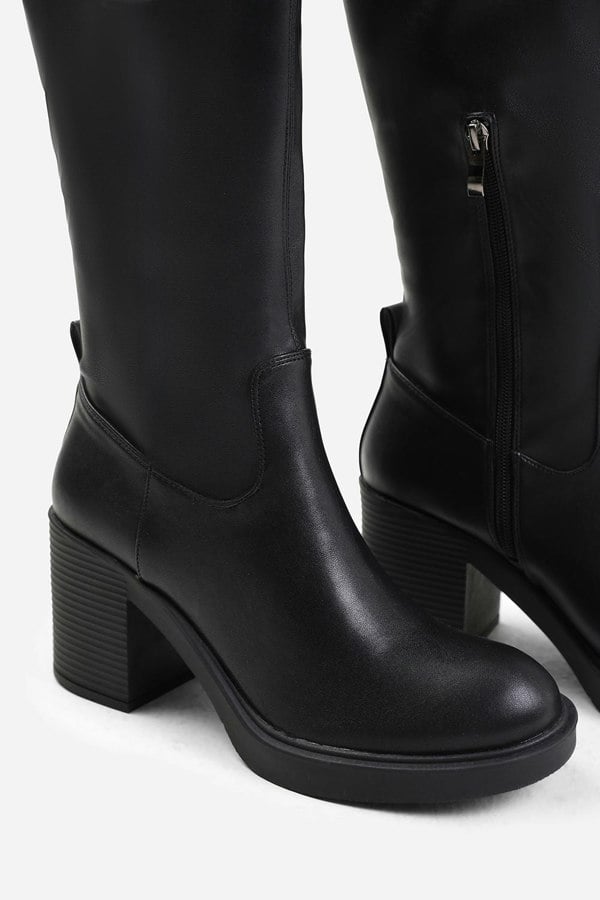 Where's That From Beta Knee High Boot With Side Zip in Black Stretch Faux Leather