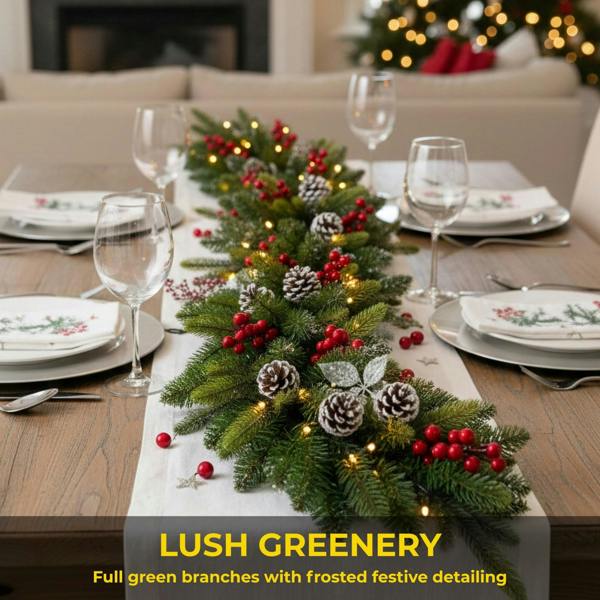 2m Green Pre-Lit Christmas Garland with Warm White LEDs, Berries, Pine Cones and Frosted Tips image 9