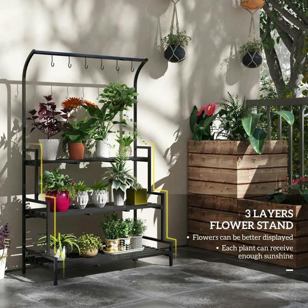 Black 3-tier plant rack with hanging hooks and shelves, decorated with potted plants