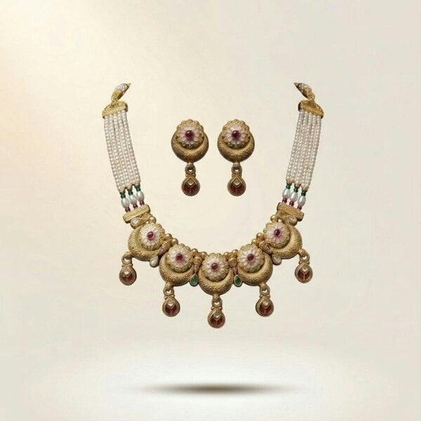 The Colourful Aura Gold Meenakari Disc Choker Necklace Set with Pearl Chain and Earrings
