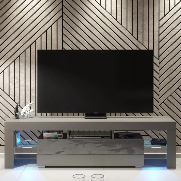 Mex Furniture 160cm TV Unit – Modern TV Stand Cabinet with Grey High Gloss Doors and Free LED