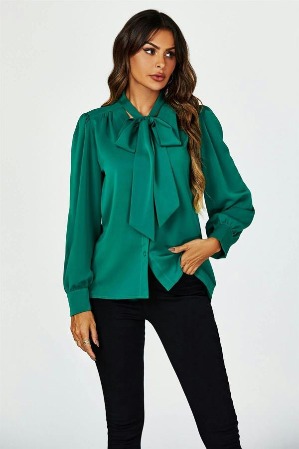 FS Collection Tie Detail long sleeve Blouse Top In Green