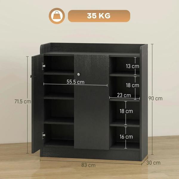 Black shoe storage cabinet with open doors and adjustable shelves, front dimensions view