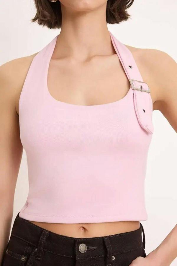 WOVCOR Halter Neck Belt Detail Fitted Knitted Blouse
