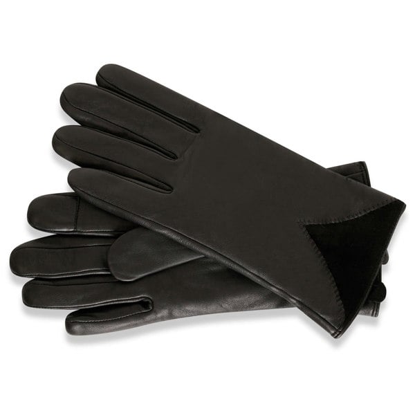 Image displays a pair of black gloves lay flat on a white background. The gloves are made from leather and have a triangle of suede on the cuff. The contrasting textures are both black in colour.