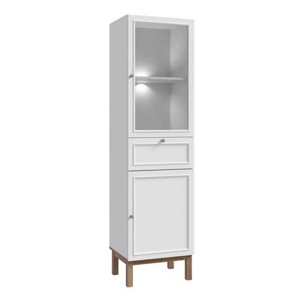 Wyld Haus Niva Light Grey and Natural Oak Effect Display Cabinet with LED Lighting 2 Doors 1 Drawer