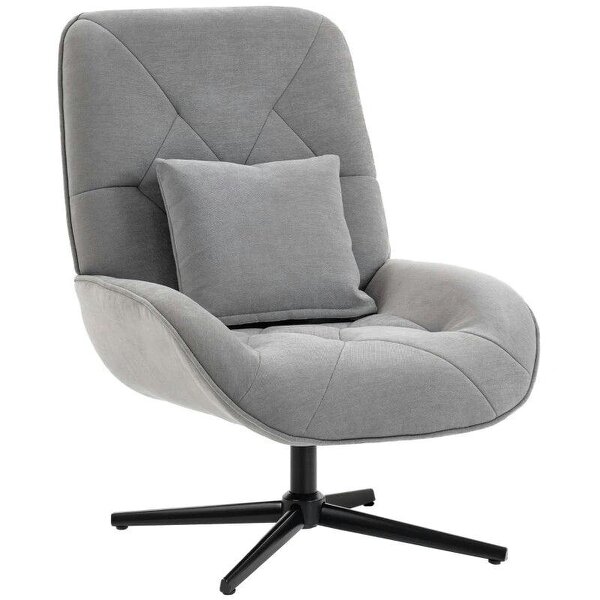 Accent Chair, Chenille Upholstered Swivel Armchair with Lumbar Pillow, High Back, Deep Seat and Metal Legs, Light Grey