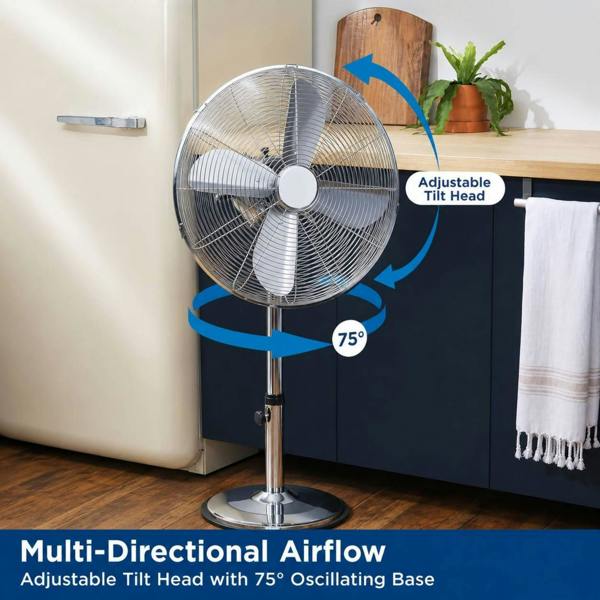 Dyzi 16 Inch Metal Stand Fan 3 Speed 90° Oscillating Silver