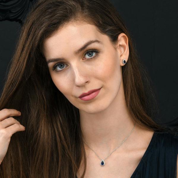 namana 925 Sterling Silver Pear Drop Dark Blue Halo Pendant Necklace for Women
