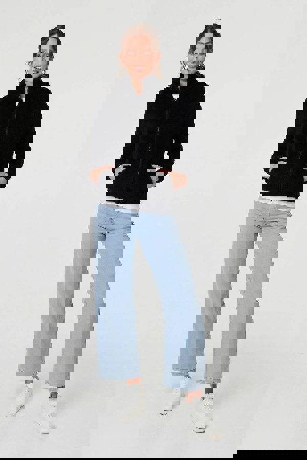 Black | Soft Texture Zip Front High Neck Fleece
