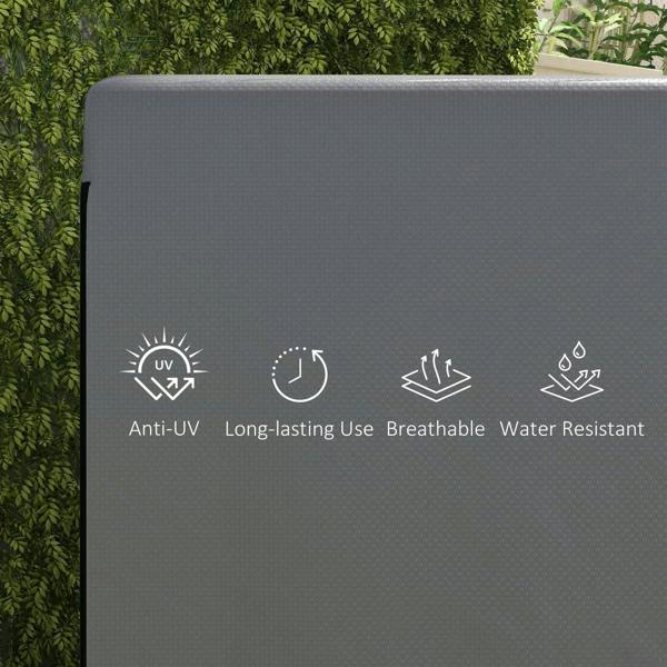 Dark grey swing chair bench cover with UV, breathable, and water resistant protection icons