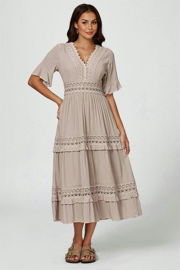 FS Collection V Neck Lace Detail Midi Dress In Soft Champagne