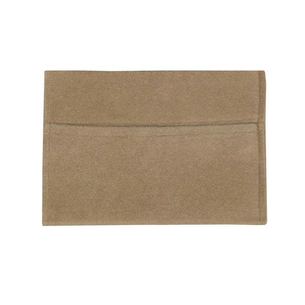 Beige storage pouch made from soft fabric, featuring a sleek, minimalist design with a single front pocket for easy organization