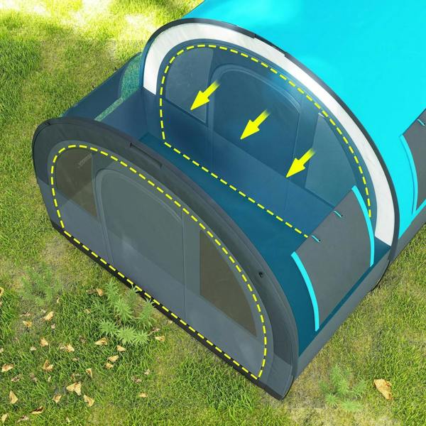 Grey and blue tunnel tent side panel with mesh window panels and black ventilation
