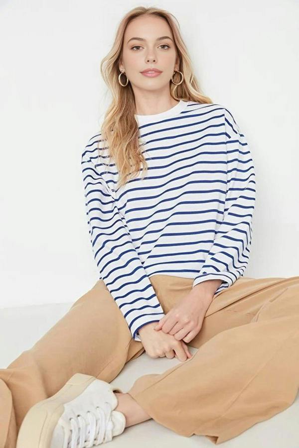 WOVCOR Striped Crew Neck Thin Knit Sweatshirt