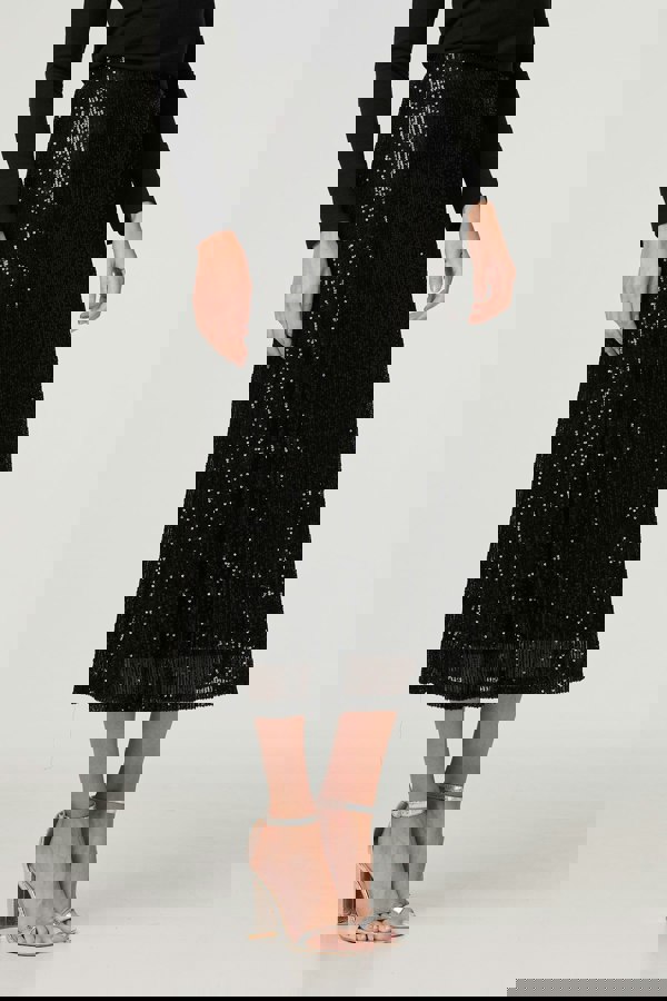 Black | Sequin High Waist Semi Sheer Midi Skirt
