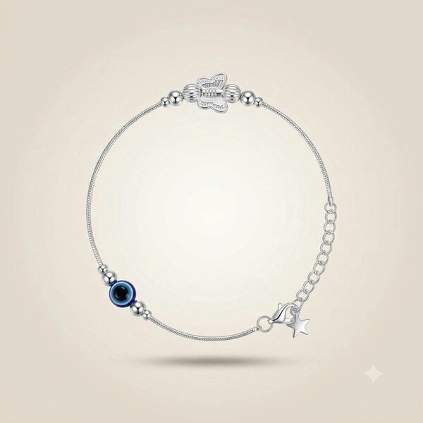 The Colourful Aura Silver Plated Evil Eye Anklet with Butterfly & Star Charm
