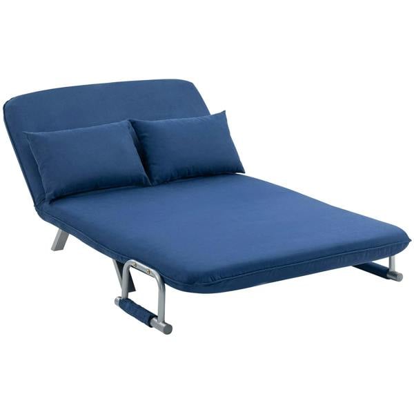 Dark blue upholstered click-clack sofa bed with 2 back cushions and fold-out base