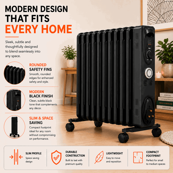 MYLEK Oil Filled Radiator 2500w Portable Heater Thermostat 24 Hour Timer Grey