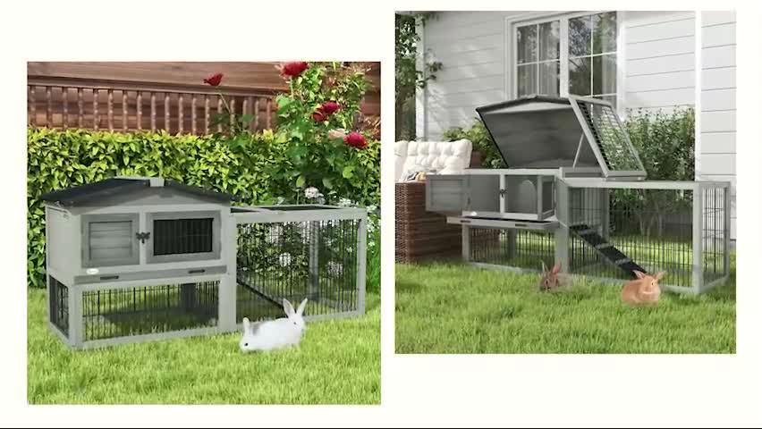 Pawhut Wooden Rabbit Hutch with Run, Asphalt Roof, Pull-Out Tray, Ramp, Grey