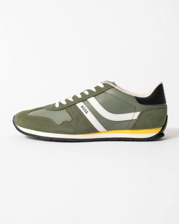 side view of BOSS Orange Levon Runn pumi Mens Trainers in Dark Green 307