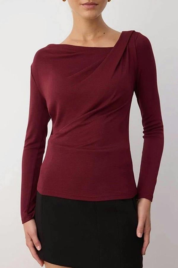 WOVCOR Asymmetrical Neckline Detail Flexible Knit Blouse
