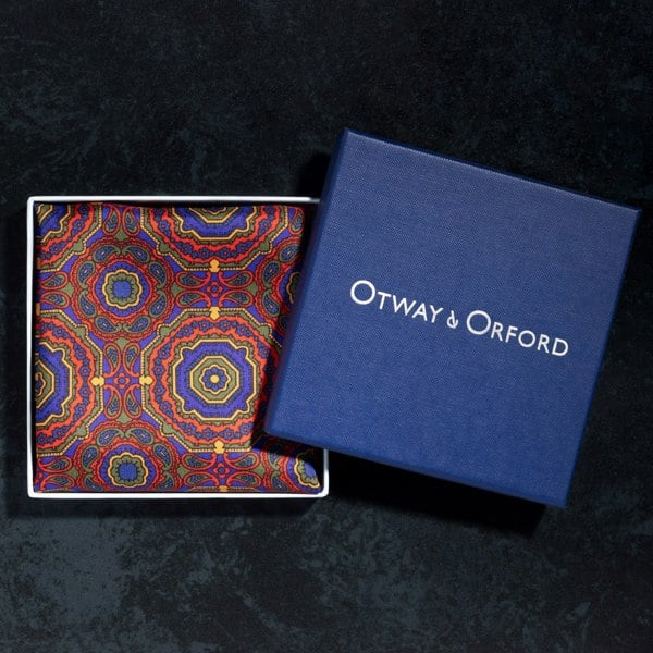 Whirligig medallion silk pocket square in red, green, blue & gold in gift box by Otway & Orford