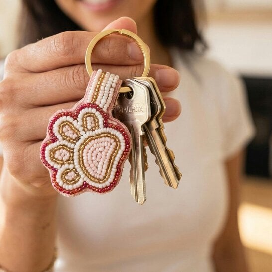 Gold Trip Paw Print Beaded Keyring