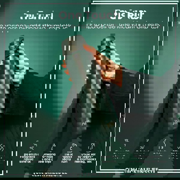 A dark-green ION8 stainless steel water bottle is held; its flip top opens one-handed. The bottle features triple lock security and is 100% leak-proof. The background is a matching dark-green.