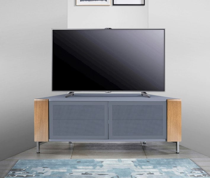 MDA Designs CORVUS Corner-Friendly Grey BeamThru Glass Doors with Oak Profiles Contemporary Cabinet for Flat Screen TVs up to 50"