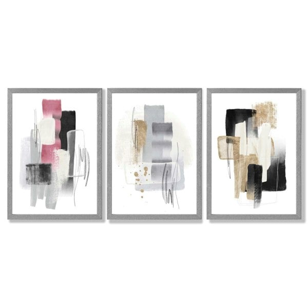 Set of 3 Abstract Black Pink and Silver Framed Art Prints with Light Grey Wooden Frames