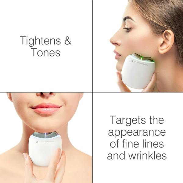 A woman uses the Rio Face Lift & Tone Facial Toner on her jawline and chin; text reads: Tightens & Tones, reduces the appearance of fine lines and wrinkles, and supports skin toning for a youthful look.