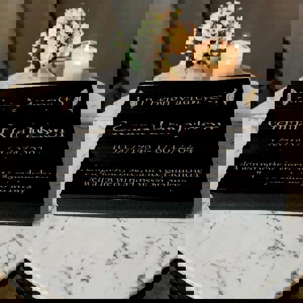 Memorials Direct Granite Memorial Tablet with Feather Design, Free Personalised Gold Engraving, Polished Black Granite