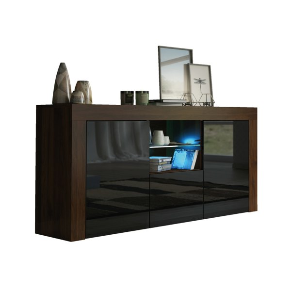 Mex Furniture Modern 145cm TV Unit, Cabinet Stand & Sideboard with Walnut Gloss & Free LED