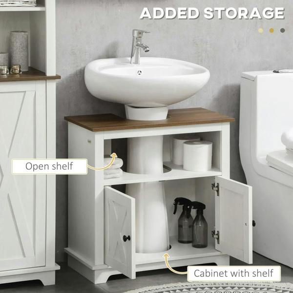 White bathroom under-sink cabinet with open shelf and doors revealing interior compartments