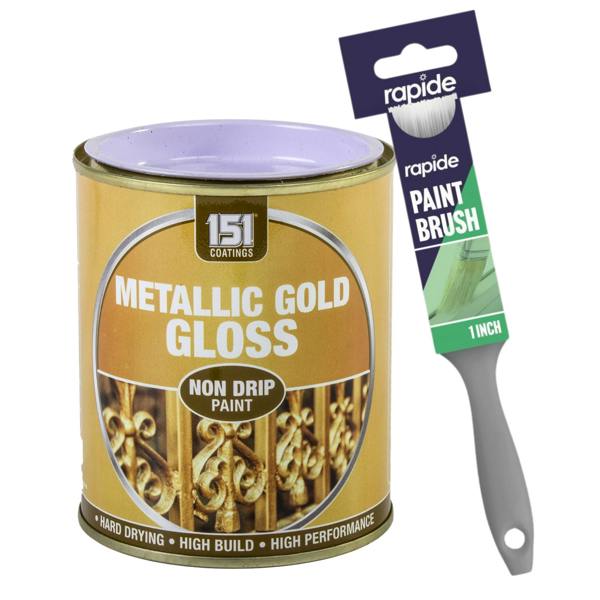 151 Metallic Gold Gloss Non-Drip Paint 300ml With 1" Paint Brush